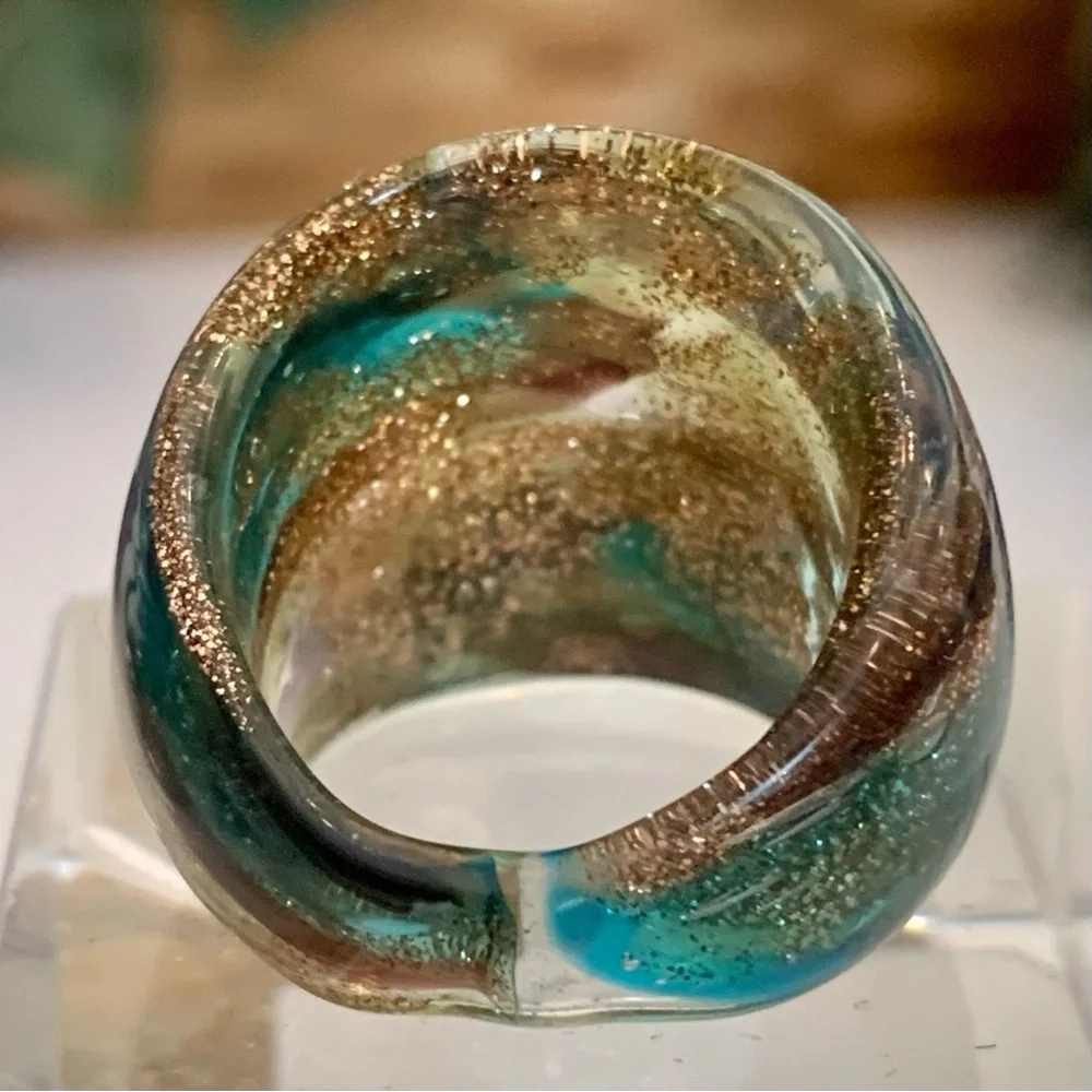 Vintage Murano Style Solid Glass Hand Blown Blue Gold Foil Artisan Ring Size 6